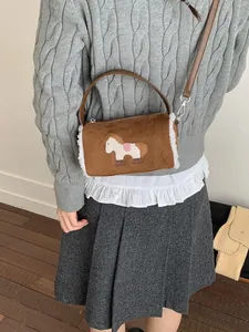 Brown plush baguette bag with cartoon horse embroidery and white fleece trim for women