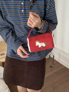 Red velvet baguette bag with horse embroidery and white plush trim for women