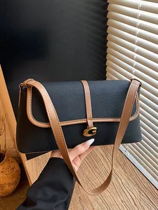Sac Baguette Vintage en Cuir PU pour Femmes Coutures Contrastées Sac à Épaule Sous le Bras Petit Sac à Main Rétro