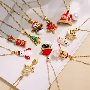 Christmas Stainless Steel Pendant Necklace Gold Plated Enamel Zirconia Pearl Santa Snowman Elk Xmas Tree Holiday Jewelry For Women
