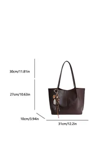 Minimalist dark brown tote bag in textured PU leather with product size dimensions