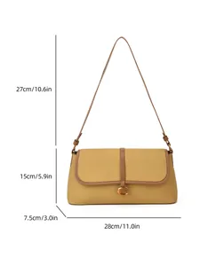 Sac baguette marron avec boucle G dorée et dimensions de 28 cm sur fond blanc