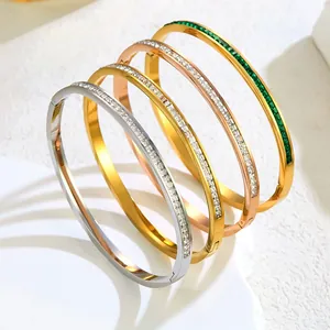 Stainless Steel Eternity Single Row Zirconia Bangle Bracelet And Ring Set For Women Luxury Gold Plated Channel Setting Jewelry