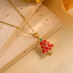 Gold stainless steel Christmas tree necklace with red enamel and sparkling crystals