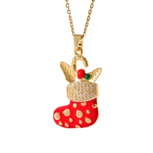 Gold stainless steel Christmas stocking pendant necklace with red enamel and crystals
