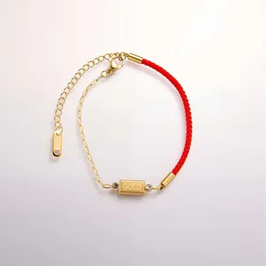 Red braided rope and gold stainless steel chain bracelet with engraved GOLD bar pendant