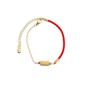 Stainless steel gold bar red rope bracelet with sparkling crystal accents for women