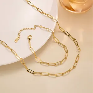 Ensemble Collier et Bracelet Chaîne Trombone en Acier Inoxydable Minimaliste Plaqué Or PVD Bijoux de Mode Géométriques