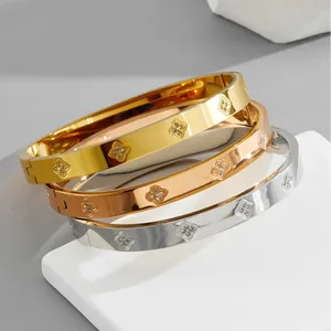 Dames armbanden van titanium staal met klavertje vier en kristallen in goud en zilver