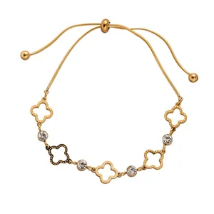 Verstellbares 18k vergoldetes Kleeblatt-Armband mit Zirkonia und Schiebeverschluss