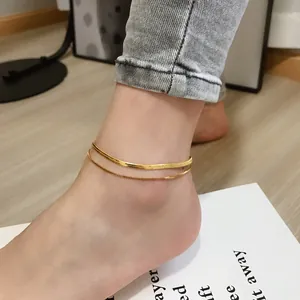 316L Titanium Steel Double Layer Anklet Bracelet For Women Gold Plated Snake Bone Box Chain Adjustable Foot Jewelry