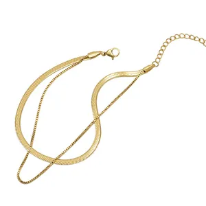 Gold double-layered stainless steel snake bone and box chain anklet for women