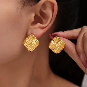 Orecchini a Bottone Vintage in Acciaio Inossidabile con Trama Intrecciata Quadrata per Donna Gioielli alla Moda Geometrici Placcati Oro Argento