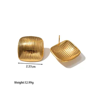 Classic 18K gold-plated vintage geometric square stud earrings with vertical texture