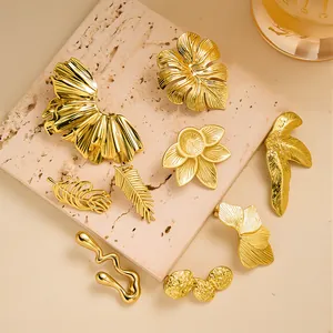 Fashion Light Luxury Leaf Flower Stainless Steel Stud Earrings For Women Unique Geometric Design Gold Plated Ear Jewelry Gift