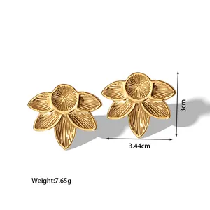 Detailed view of gold flower petal stud earrings with size and weight measurements