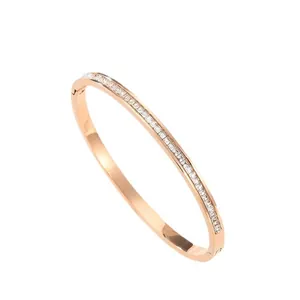Elegant rose gold titanium steel cuff bracelet with rectangular pavé crystals for women