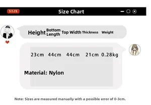 Detailed size table for the nylon travel bag showing measurements and 0.28kg weight