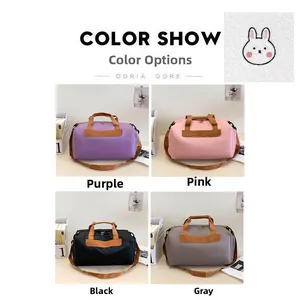 Detail showing high-quality rabbit embroidery and four color options for the travel bag