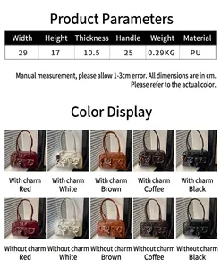 Detailed size chart and multi-color options for stylish PU leather shoulder handbag