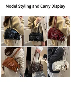 Collage of model wearing various colors of the shiny underarm bag with bow pockets
