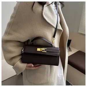 Détail d'un mini sac à main en cuir marron foncé avec fermoir doré et manteau beige