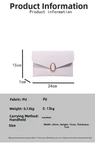 Detail view of pink envelope clutch bag with dimensions and gold hardware specs