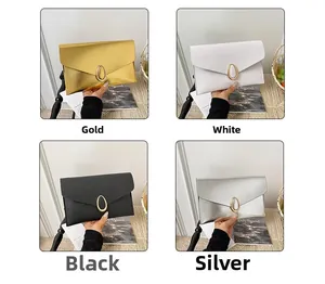 Detail view of four textured envelope clutch bags in gold, white, black, and silver finishes