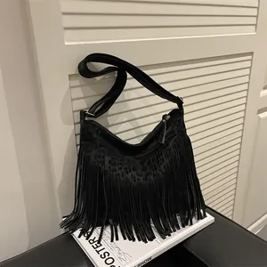 Vintage Faux Suede Tassel Shoulder Bag Leopard Print Large Capacity Tote Hobo Bag Bohemian Fringe Handbag For Women Commute