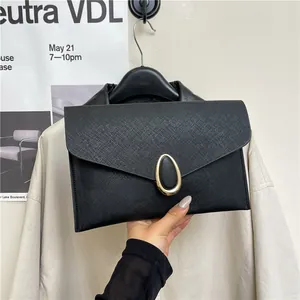 Women Fashion Saffiano PU Leather Envelope Clutch Bag Gold Oval Metal Buckle Party Evening Wedding Elegant Handbag