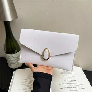 Elegant white envelope clutch bag with cross-grain texture and gold oval metal buckle