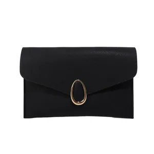 Elegant black Saffiano leather envelope clutch bag with oval gold metal buckle