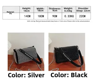 Detailed size specifications for rhinestone cylinder handbag showing 14x18x9cm dimensions