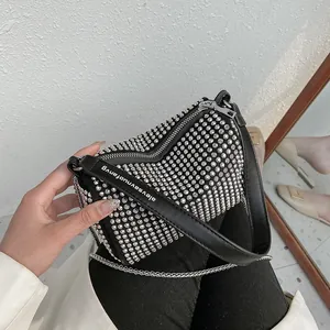 Women's Fashion Rhinestone Cylinder Shoulder Bag Sparkling Studded Crossbody Bag With Metal Chain PU Leather Party Handbag