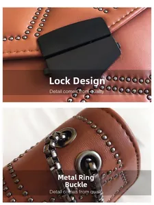 Détails des clous argentés et du fermoir en métal noir sur le sac en cuir marron