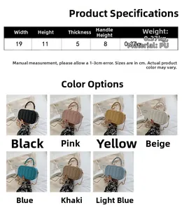 Detailed dimensions and color chart for women's quilted mini chain shoulder bag
