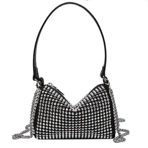 Sparkling rhinestone cylinder handbag with chain strap and silver crystals for women