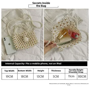 Size chart for handmade pearl handbag showing internal capacity and product dimensions