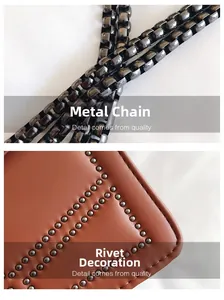 Détails de sac en cuir marron vintage avec rivets métalliques et chaîne à gros maillons