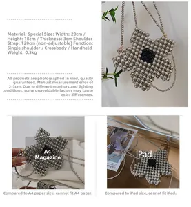 Detail of beaded flower bag with silver and black beads and dimensions 20x18x3cm