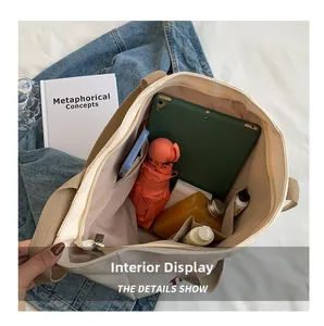 Detail view of large capacity canvas tote bag interior with multiple storage pockets