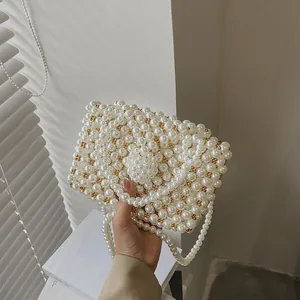 Hand Woven Artificial Pearl Beaded Handbag For Women French Elegant Flower Lock Small Square Shoulder Bag With Chain Strap Banquet Wedding Party Bag