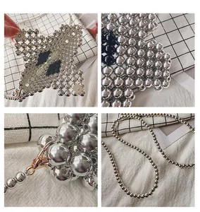 Detailed views of silver beaded handbag showing woven texture, magnetic clasp and chain