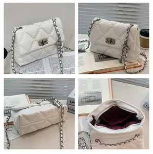 Detailed views of a white quilted chain bag showing interior lining and silver lock