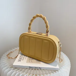 Fashion PU Leather Vertical Quilted Crossbody Bag For Women With Metal Chain Braided Handle Lock Closure Small Square Handbag