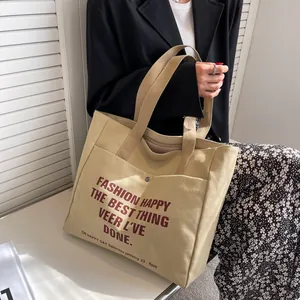 Large Capacity Canvas Tote Bag For Women Fashion Letter Print Shoulder Bag Casual Versatile Student Shopper Bag Khaki Black Off-white