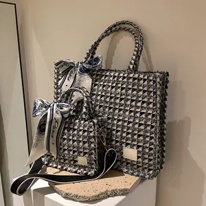 Women Plaid Houndstooth Tweed Tote Bag With Scarf Large Capacity Commuting Handbag Elegant Office Laptop Shoulder Bag