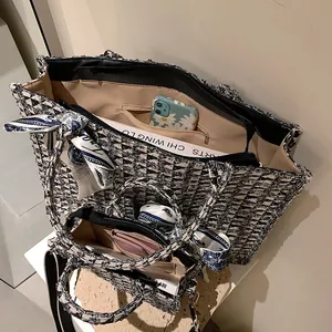 Blue and white checkered tweed tote bag set with decorative silk scarf and fringe details
