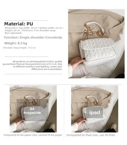 Detailed view of white quilted PU leather crossbody bag with chain strap and sizing info
