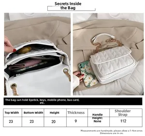 Size chart for quilted shoulder bag with 23cm width and details on interior capacity